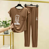Cap-Sleeve Pocket-Style Big-Printed 2-Pcs Lounge And Night Wear Suit. WLW-13