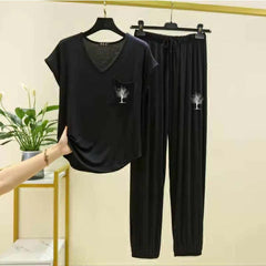 Cap-Sleeve Pocket-Style Logo-Printed 2-Pcs Lounge And Night Wear Suit. WLW-13