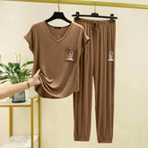 Cap-Sleeve Pocket-Style Logo-Printed 2-Pcs Lounge And Night Wear Suit. WLW-13