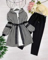 White Arrow Zipper Hoodie Leather Belt Style 2-Pcs Winter Tracksuit.