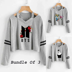 Bundle Of 3 Crop-Style Full-Sleeve Printed Tee.