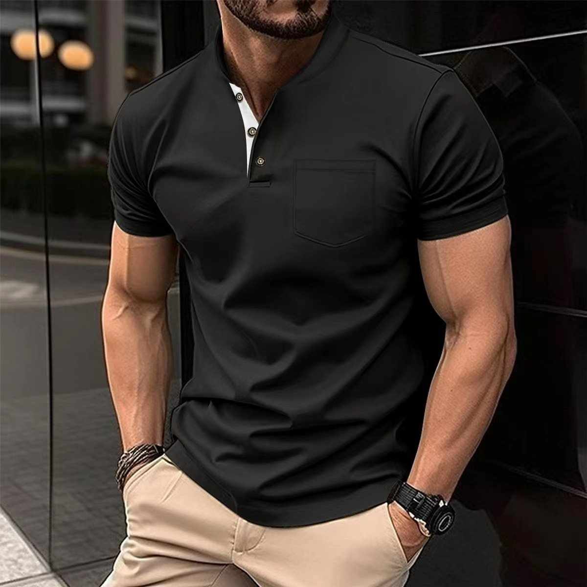 Black Ben Collar Pocket Style Summer Tshirt MSDTS-05