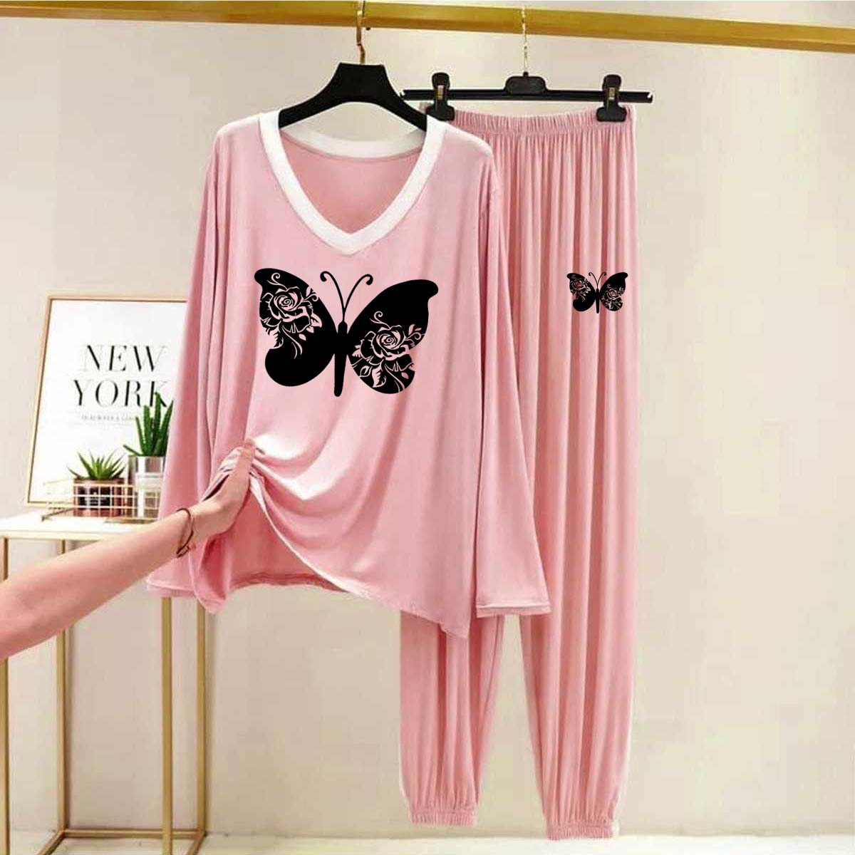 Contrast Neck-Style Big-Printed 2-Pcs Lounge And Night Wear Suit. WLW-10