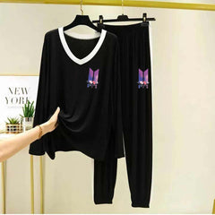 Contrast Neck-Style Logo-Printed 2-Pcs Lounge And Night Wear Suit. WLW-10