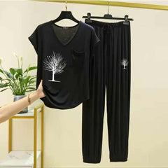Cap-Sleeve Pocket-Style Big-Printed 2-Pcs Lounge And Night Wear Suit. WLW-13
