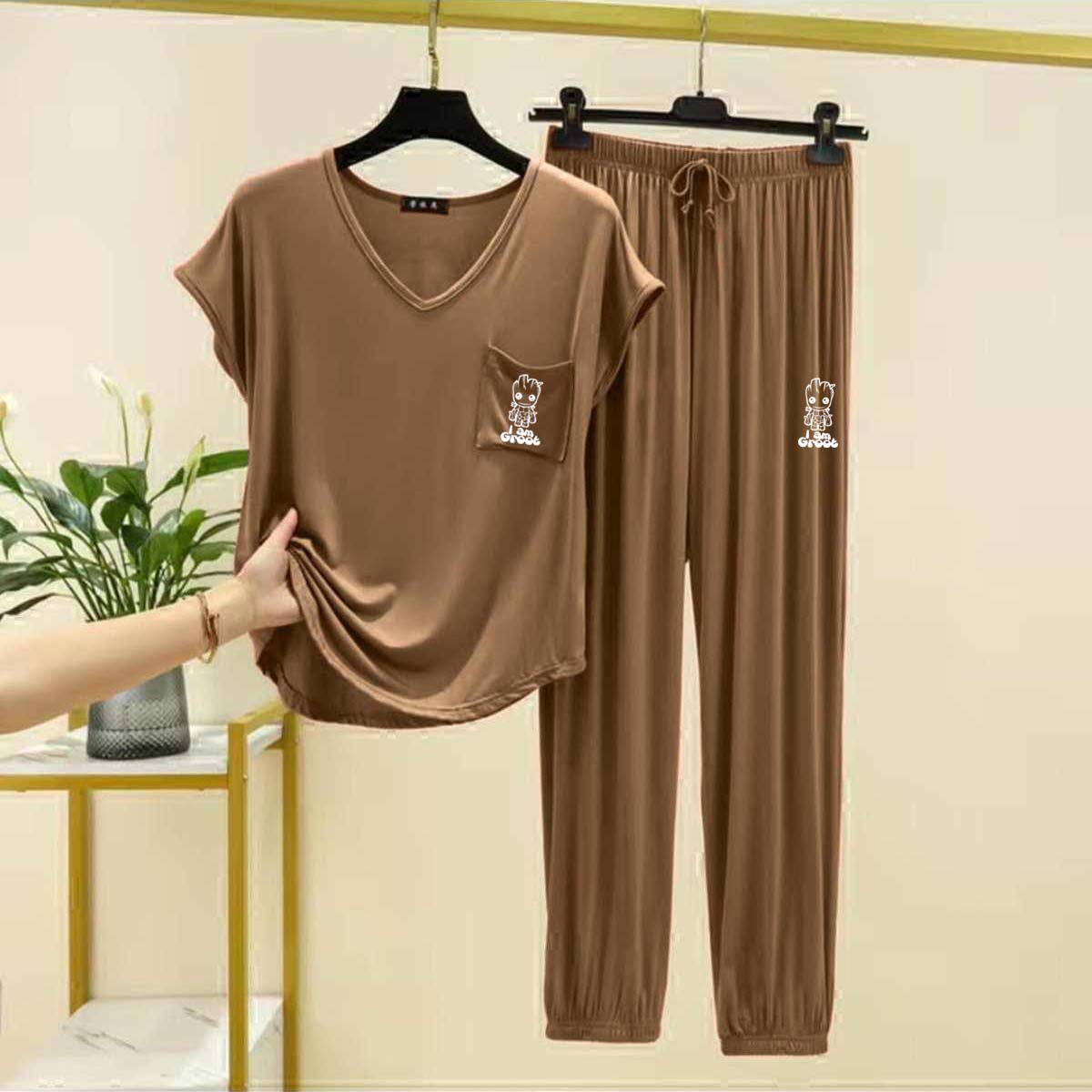 Cap-Sleeve Pocket-Style Logo-Printed 2-Pcs Lounge And Night Wear Suit. WLW-13