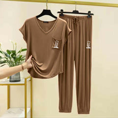 Cap-Sleeve Pocket-Style Logo-Printed 2-Pcs Lounge And Night Wear Suit. WLW-13