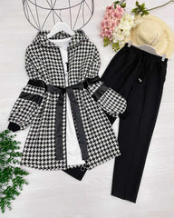 White Arrow Zipper Hoodie Leather Belt Style 2-Pcs Winter Tracksuit.