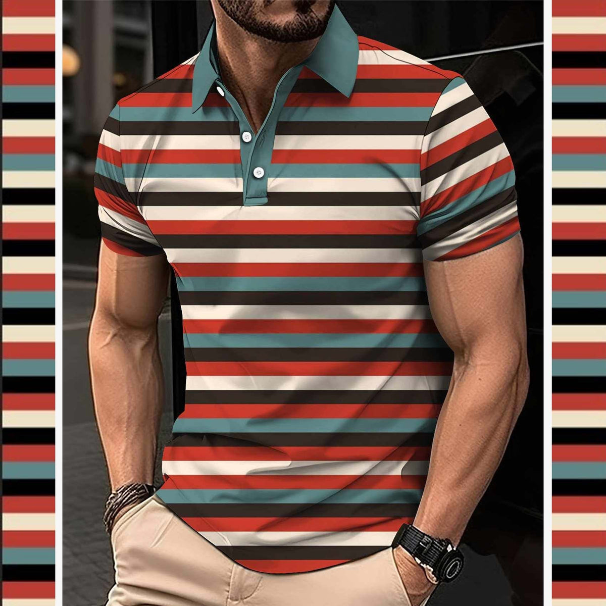 Imported 3D Stripe Printed Style Half-Sleeve Polo Summer Tshirt. MS3DP-105