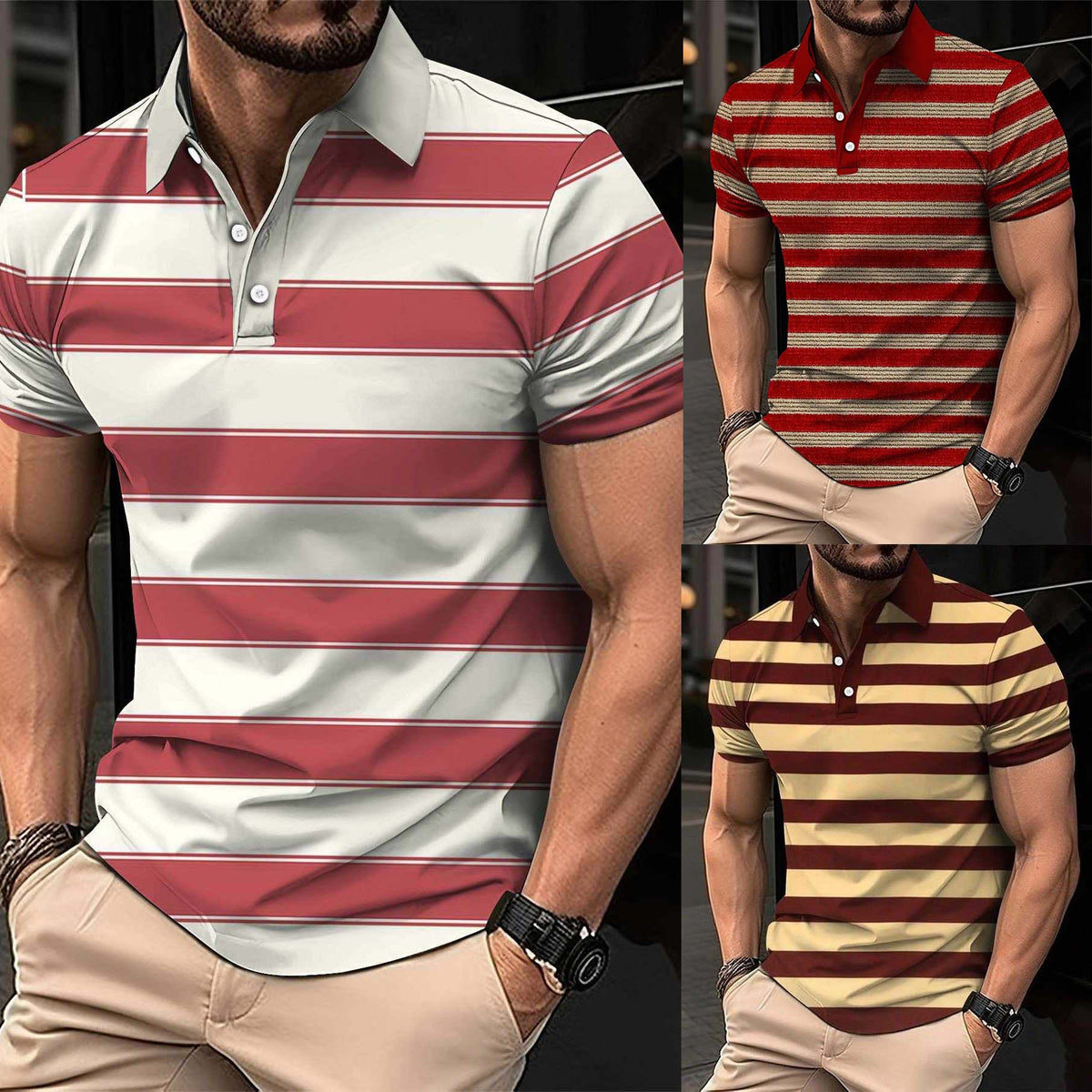 Bundle Of 3 Imported 3D Stripe Printed Style Half-Sleeve Polo Summer Tshirt's. MS3DP-101+102+108