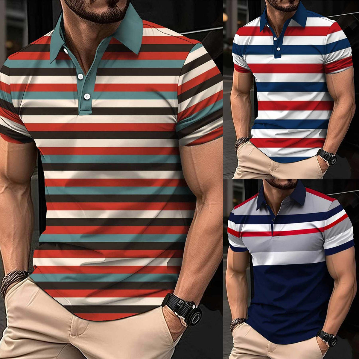 Bundle Of 3 Imported 3D Stripe Printed Style Half-Sleeve Polo Summer Tshirt's. MS3DP-104+105+106