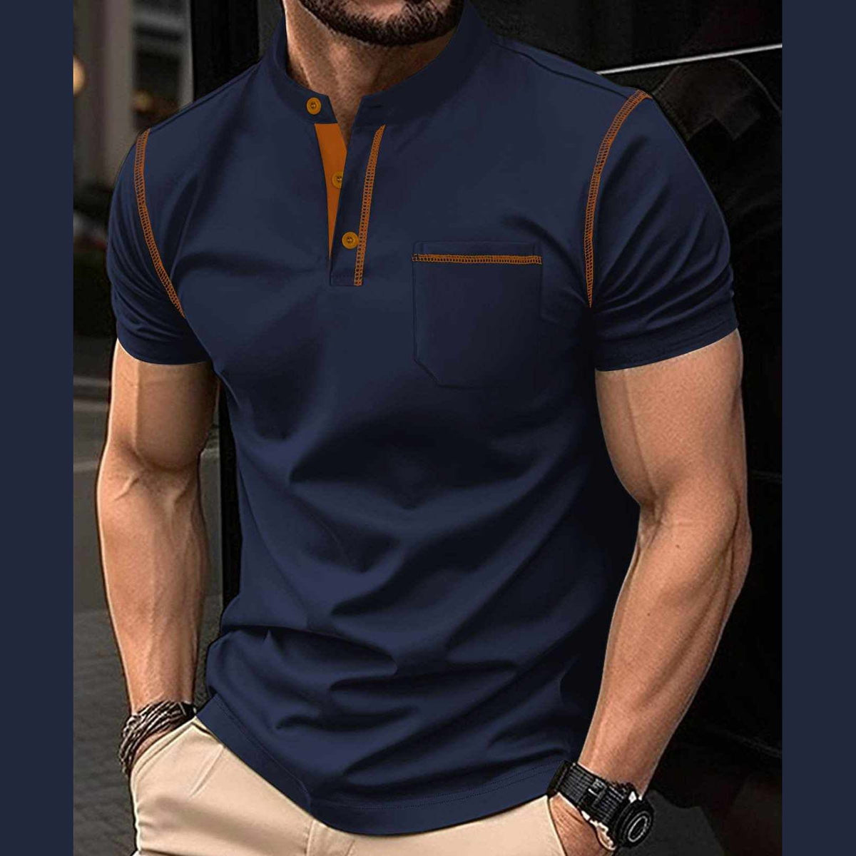 Navy-Blue Contrast Placket Pocket Style Designer Summer Tshirt MSDTS-01