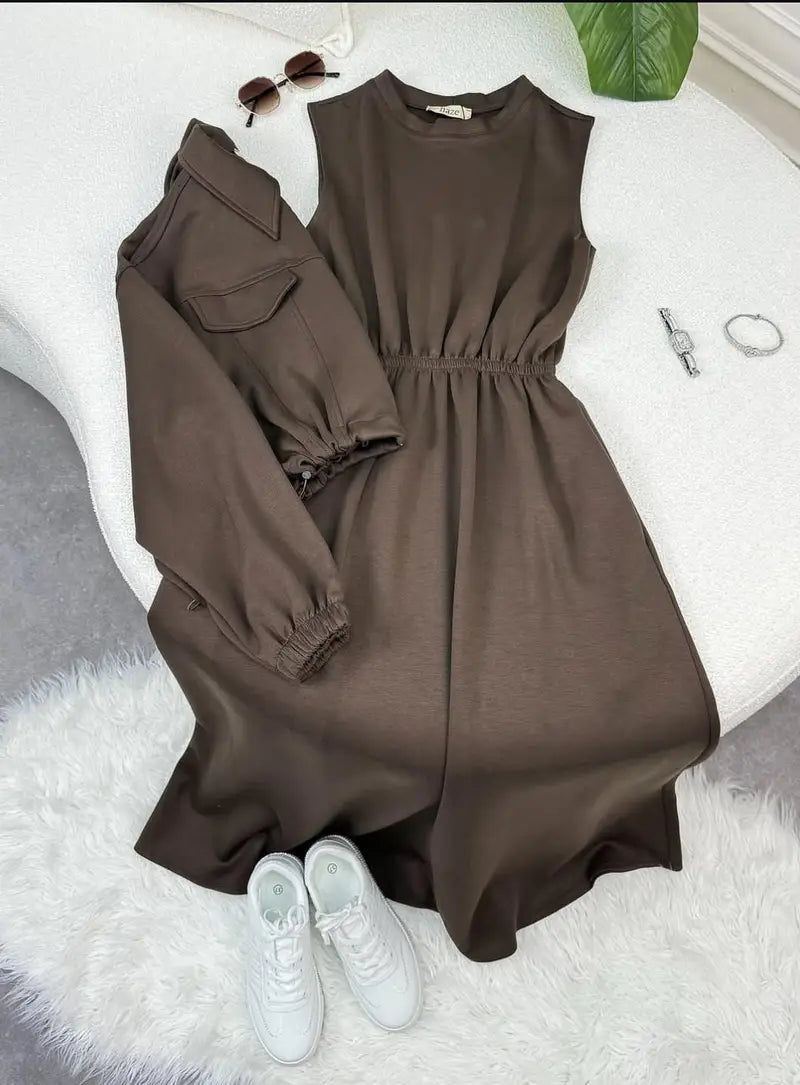 Drop Shoulder Short Jacket Maxi Style 2-Pcs Winter Co-Ord Set. WWTS-15