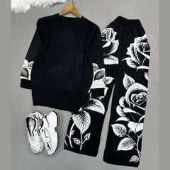 Contrast Rose Printed Premium Quality Winter 2-Pcs Tracksuit For Her. WWTS-19